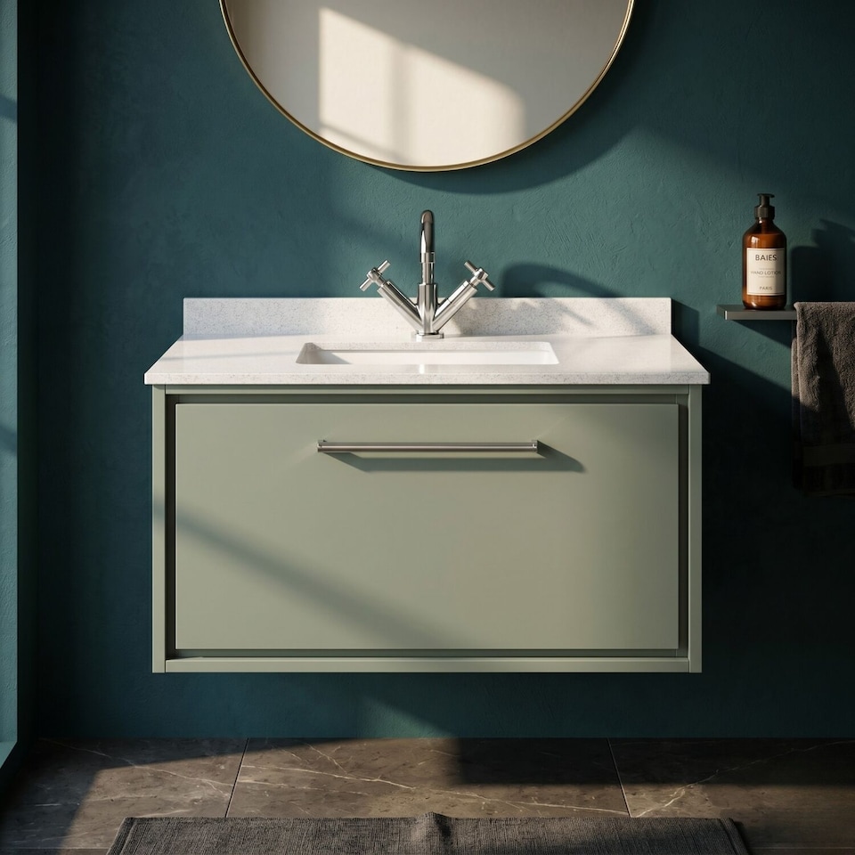 image 1 of Balterley Wall Hung Single Drawer Vanity with Marble Worktop Basin | Green | Reed Green | 509 x 820 x 470mm