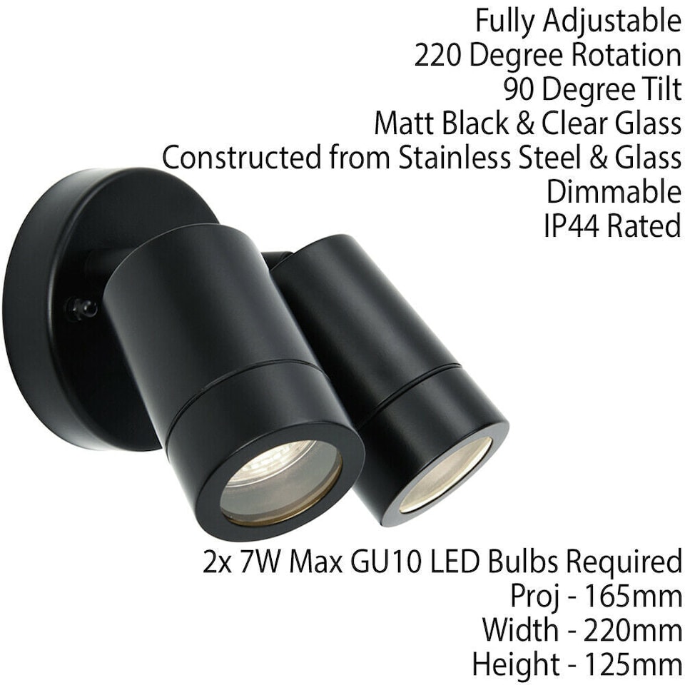 image 1 of IP44 Outdoor Adjustable Spotlight Matt Black Twin GU10 Dimmable Up Down light