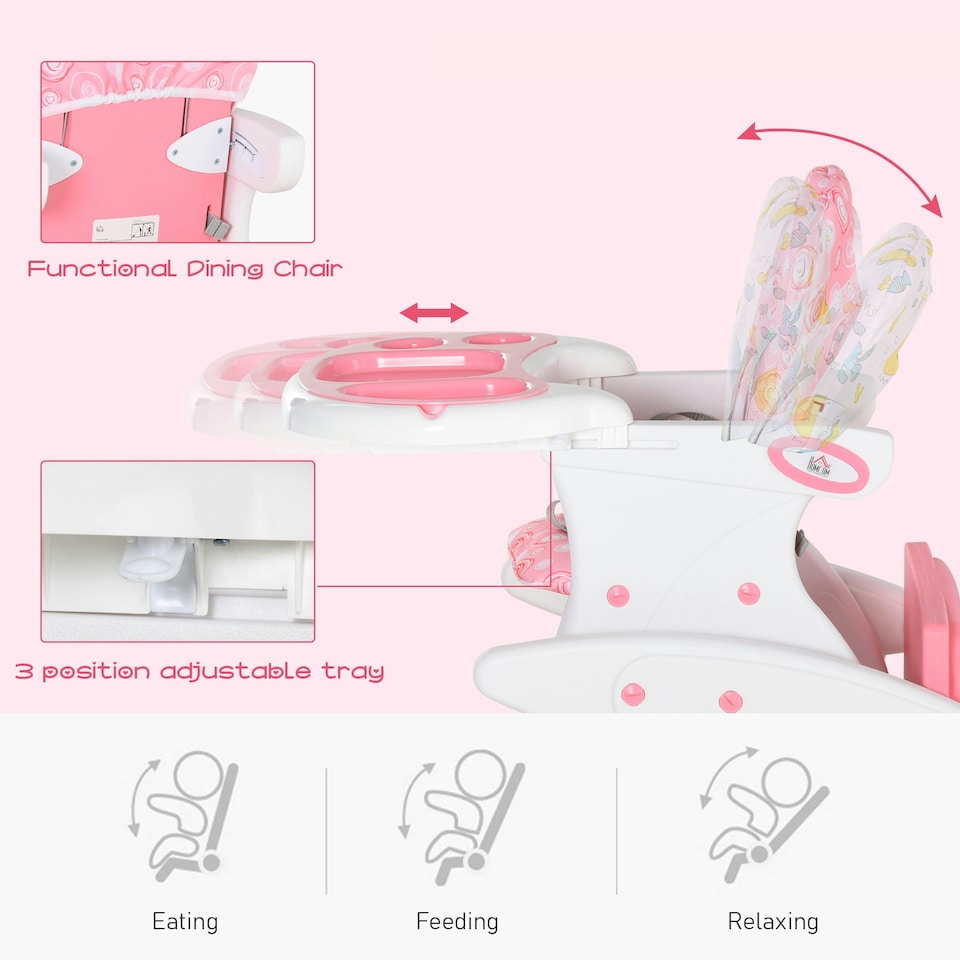 image 1 of HOMCOM 2-in-1 Convertible Baby High Chair Booster Seat w/ Removable Tray Pink