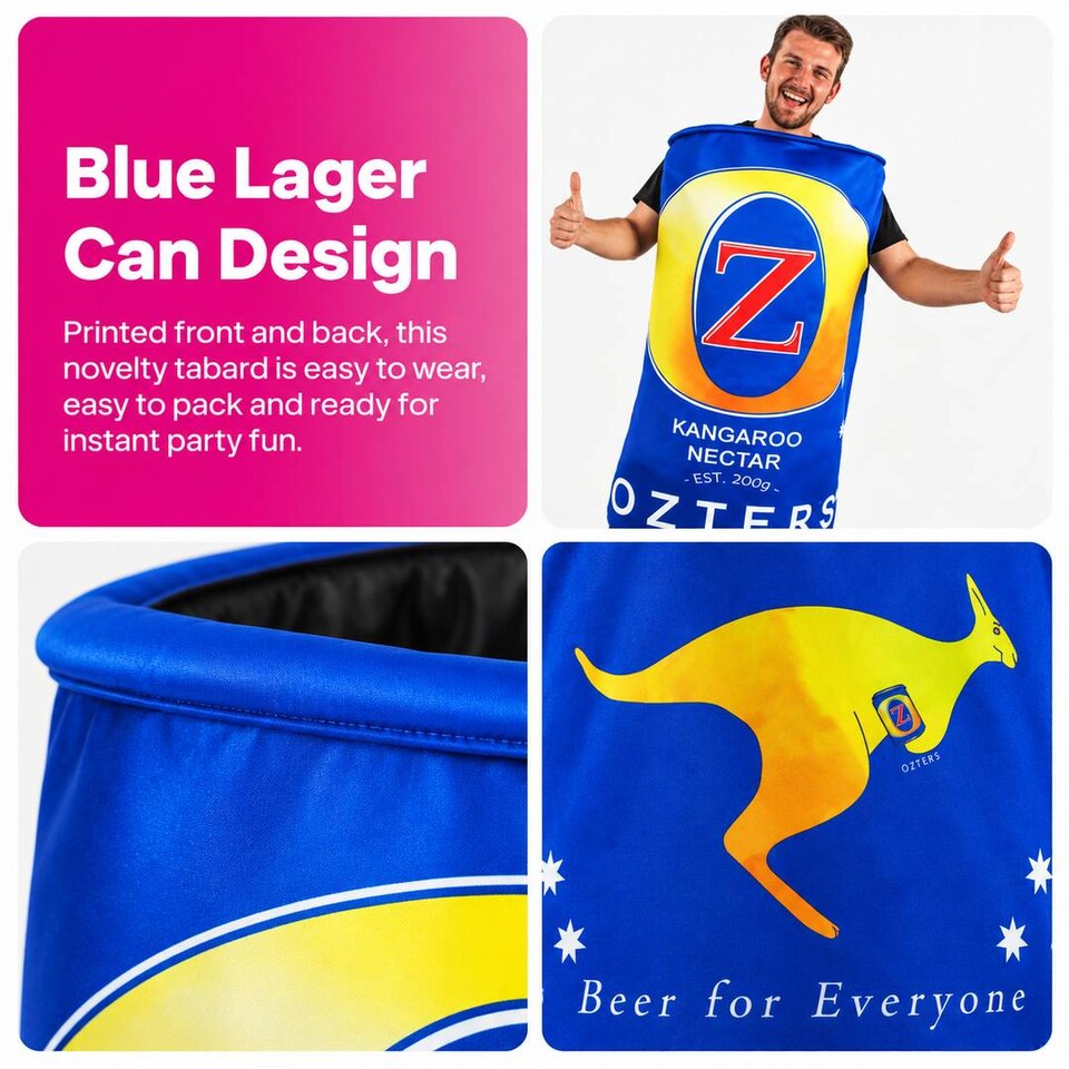 image 1 of Adults Beer Can Costume Novelty Lager Tabard Kangaroo Stag and Hen Party Fancy Dress Outfit