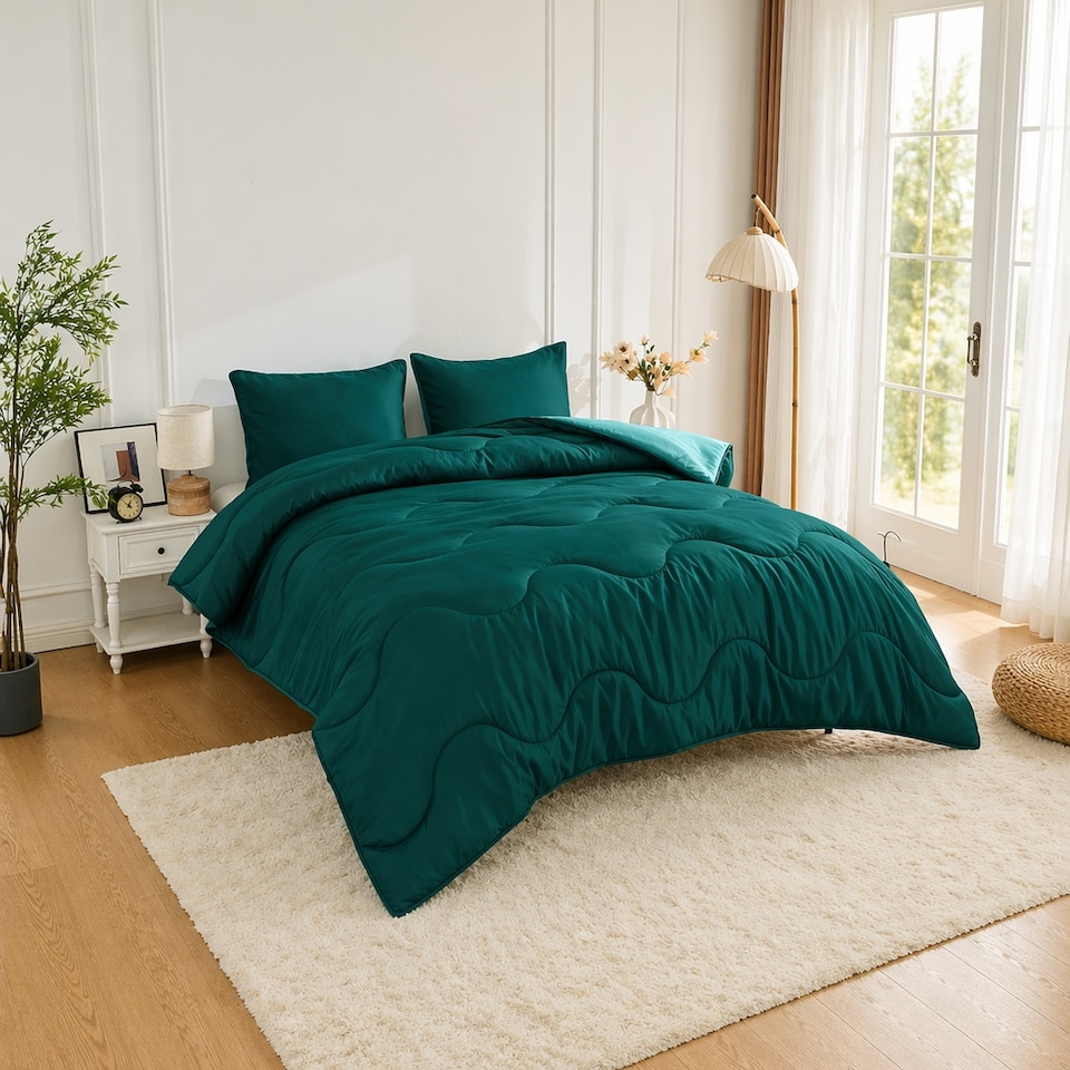 image 1 of 10.5 Tog Supersoft Microfibre Duvet with Pillowcases – Coverless or Use with Duvet Cover | Green | Green/Dark Green | Double