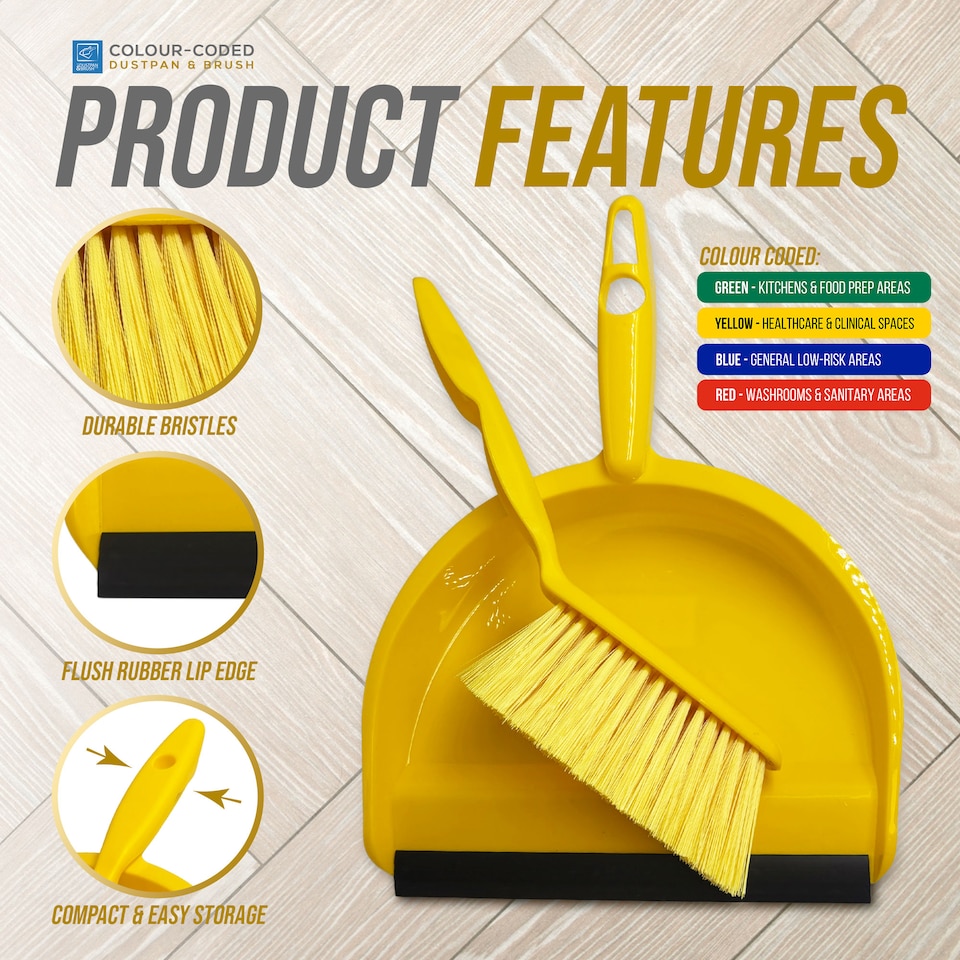 image 1 of Colour Coded Dustpan and Brush Sets Wide Plastic Dustpan with Rubber Lip and Soft Bristle Brush