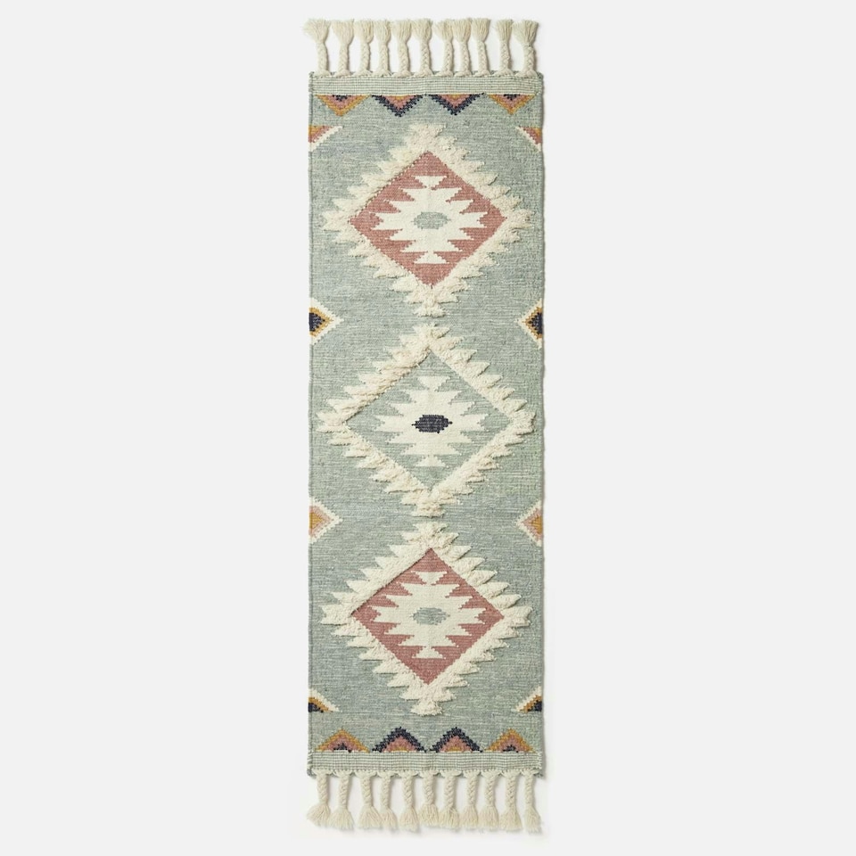 image 1 of Homescapes Tenali Blue Kilim Runner Wool Rug - 66 x 200 cm | Blue | Blue and White | 66 x 200 cm