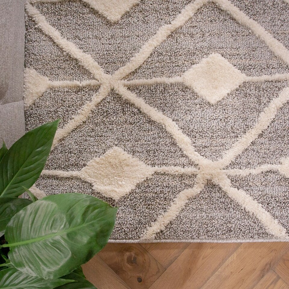 image 1 of KUKOON Grey Cream Diamond Loop Pile Living Room Area Rug 80cm x 150cm