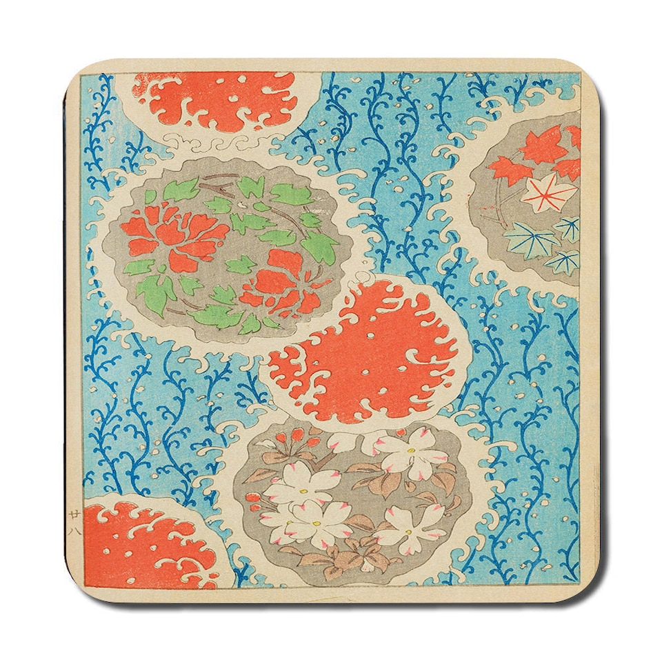 image 1 of Set Of 12 Placemats And Coasters With Designer Artwork And Wood Bottom