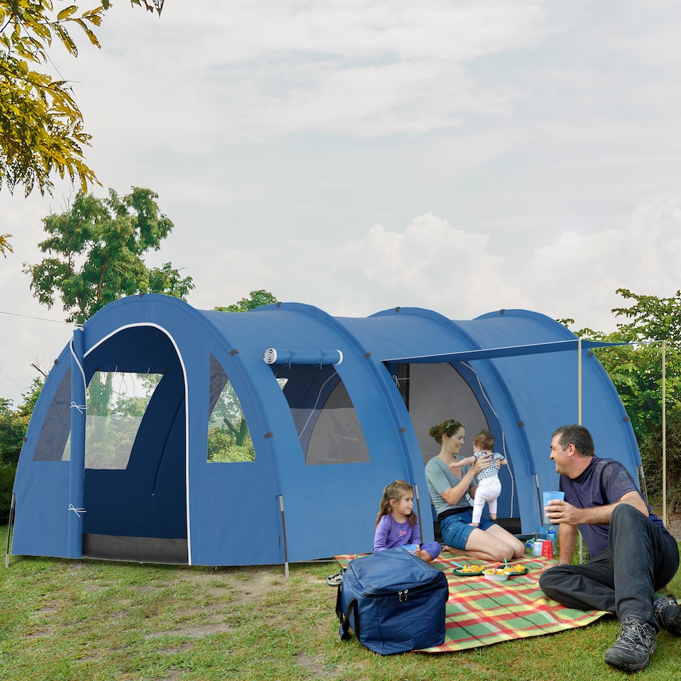 image 1 of Outsunny 5-6 Man Family Tent Camping Tent with 2 Room and Carry Bag, Blue