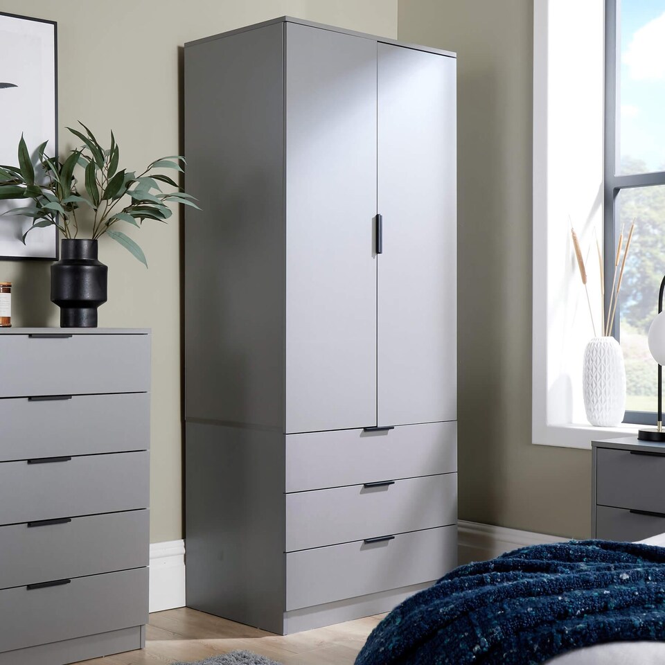 image 1 of Phoenix Wardrobe 2 Door 3 Drawers Bedroom Home Furniture Clothing Storage Shelf | Grey