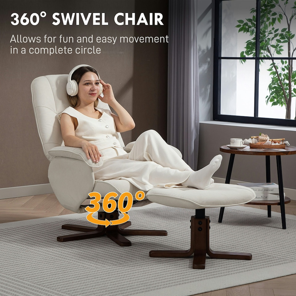 image 1 of HOMCOM Swivel Recliner Chair with Footstool and Wooden Base, Beige Cream
