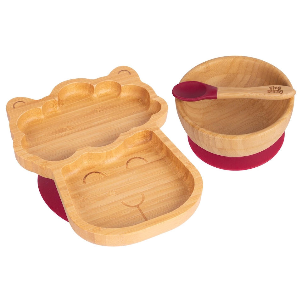 image 1 of Tiny Dining Children's Bamboo Suction Llama Dinner Set - Red