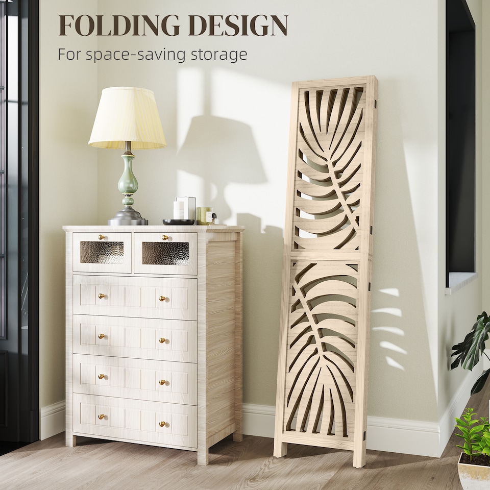 image 1 of HOMCOM 4 Panel Privacy Screens with Palm Leaf Design, Natural Wood Finish