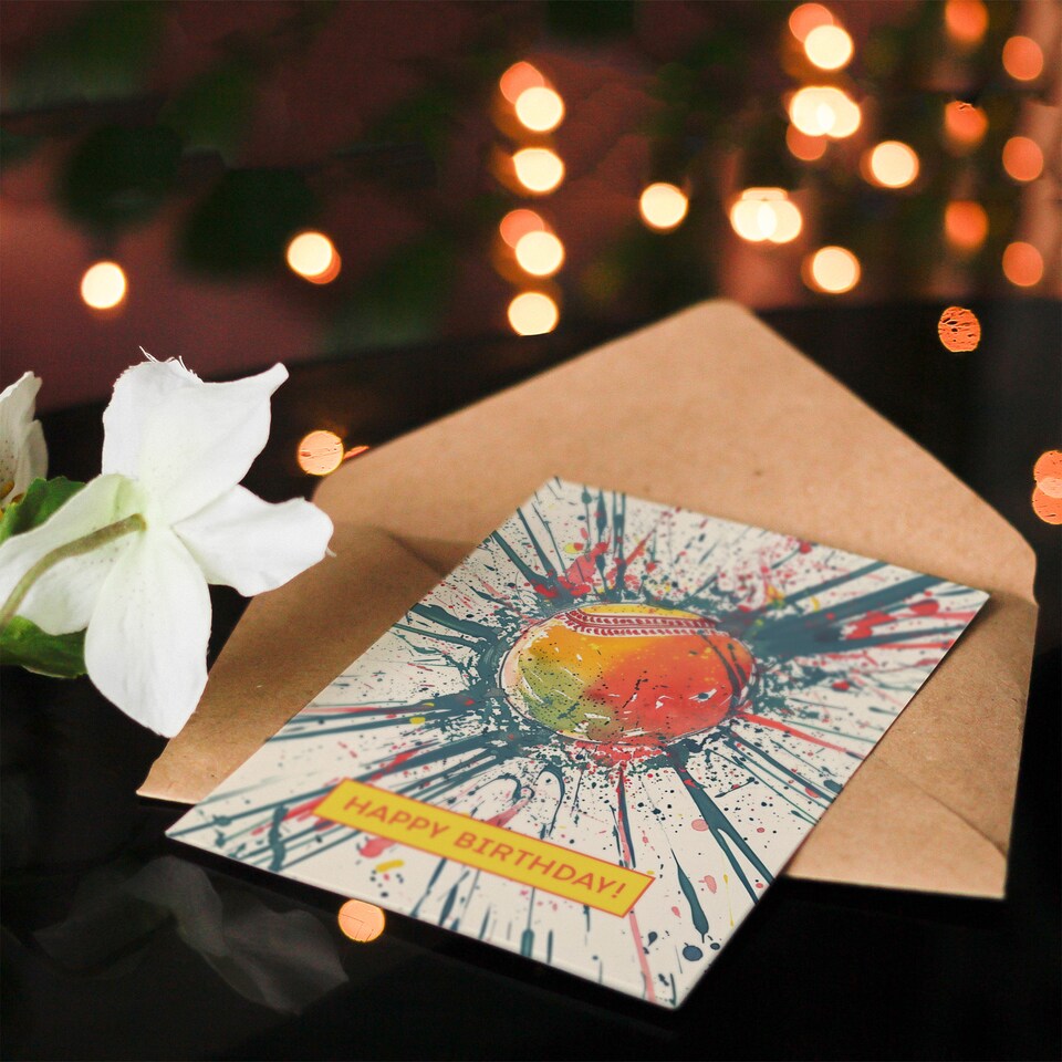 image 1 of Cricket Ball Dynamic Paint Splatter Sport Fan Birthday Card