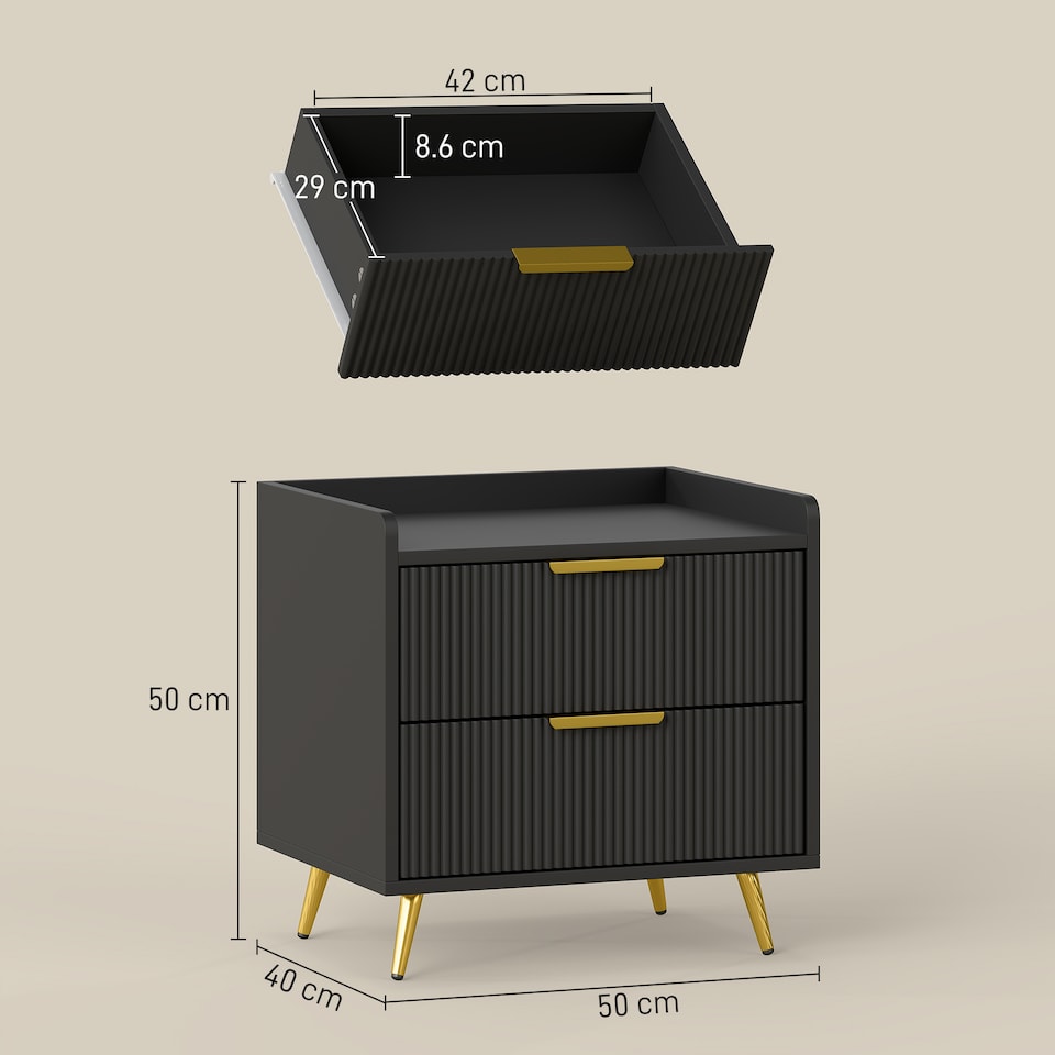 image 1 of HOMCOM Bedside Table, Bedside Cabinet with 2 Drawers, Side End Table with Metal Legs for Bedroom Living Room, Black