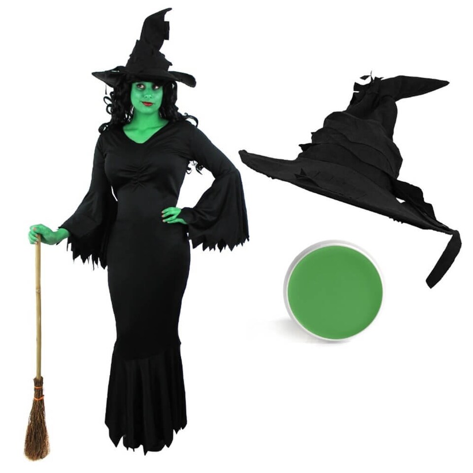 image 1 of Wicked Witch Costume - Dress, Hat & Face Paint Black | S