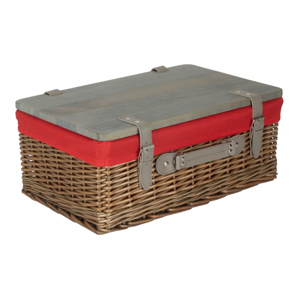 image 1 of 41cm Antique Wash Red Lined Willow Empty Picnic Basket with Pinewood Lid | Brown | Brown | M | 1