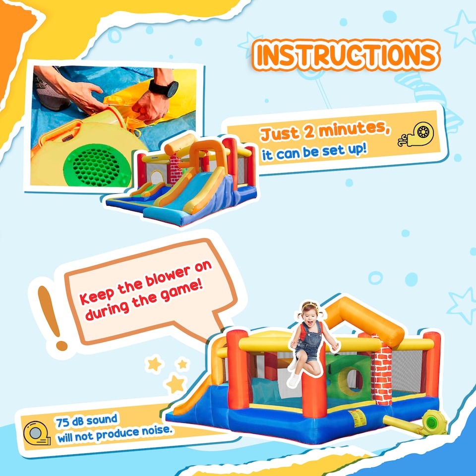 image 1 of Outsunny Kids Bouncy Castle with Double Slides Pool Trampoline with Blower