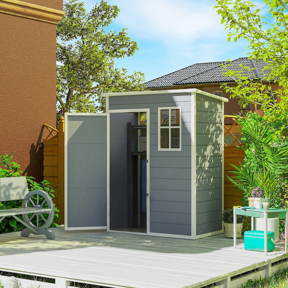 image 1 of Outsunny 5' x 3' Garden Shed w/ Floor, Lockable Door, Window and Vent, Grey