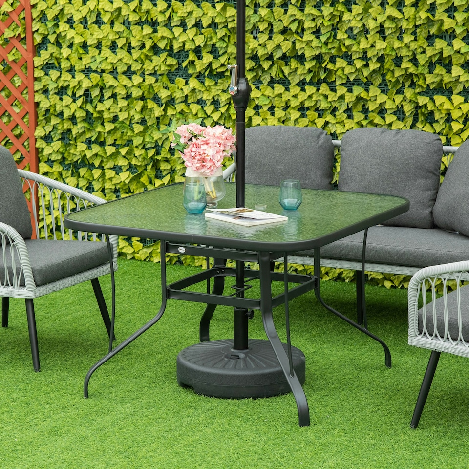 image 1 of Outsunny 106.5cm Square Patio Dining Table with Parasol Hole, Glass Top