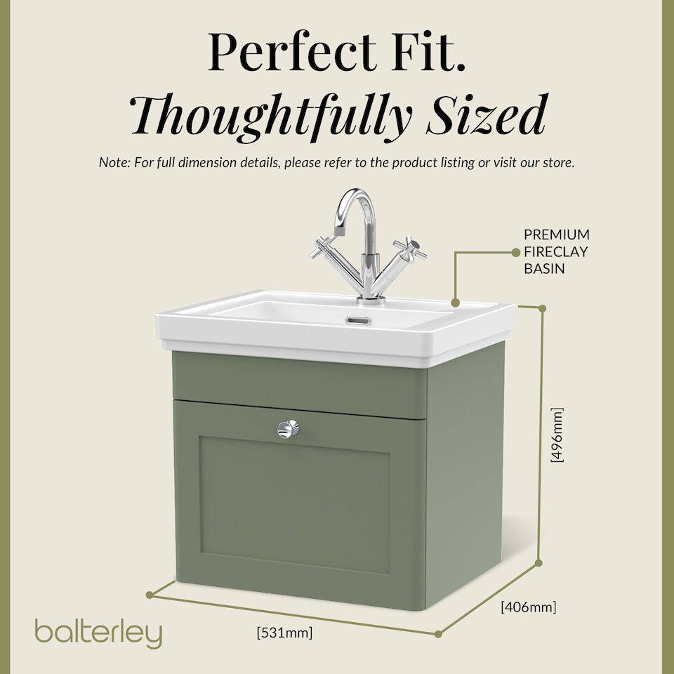 image 1 of Bathroom Wall Hung 1-Drawer Vanity Unit & Fireclay Basin, Green, 500mm | Green | Satin Green | 406 x 531 x 496mm