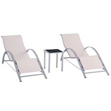 Outsunny 3 Pieces Sun Lounger Chair Set, Metal Frame Outdoor Garden Recliner Chairs with Glass Top Side Table and Armrests for Patio, Cream White