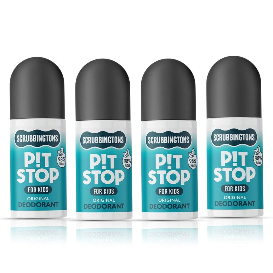 image 1 of Scrubbingtons Pit Stop Kids Deodorant Natural Roll On For Children, Teens Natural Ingredients For Sensitive Skin Paediatrician approved, Aluminium & Alcohol Free, Original, 75ml x 4 | White | 4