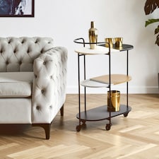 Interiors by Premier 3-Tier Trolley, Black and White Marble Top Bar Cart, 3 Tier Trolley on Wheels, Metal Trolley with Wheels