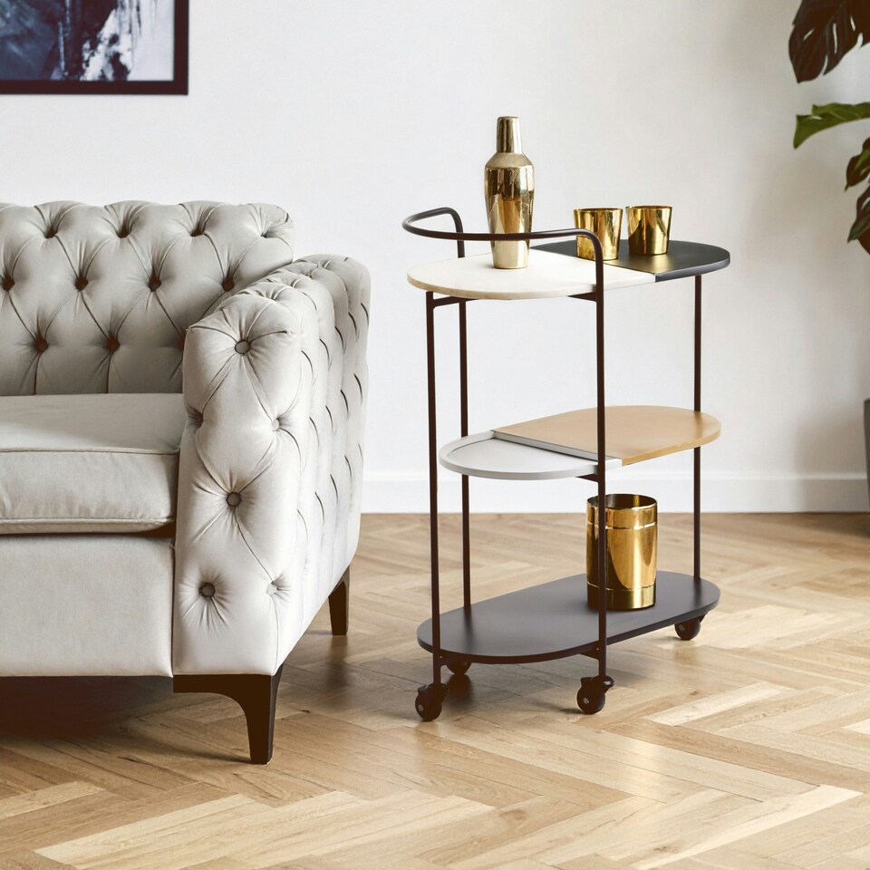 image 1 of Interiors by Premier 3-Tier Trolley, Black and White Marble Top Bar Cart, 3 Tier Trolley on Wheels, Metal Trolley with Wheels