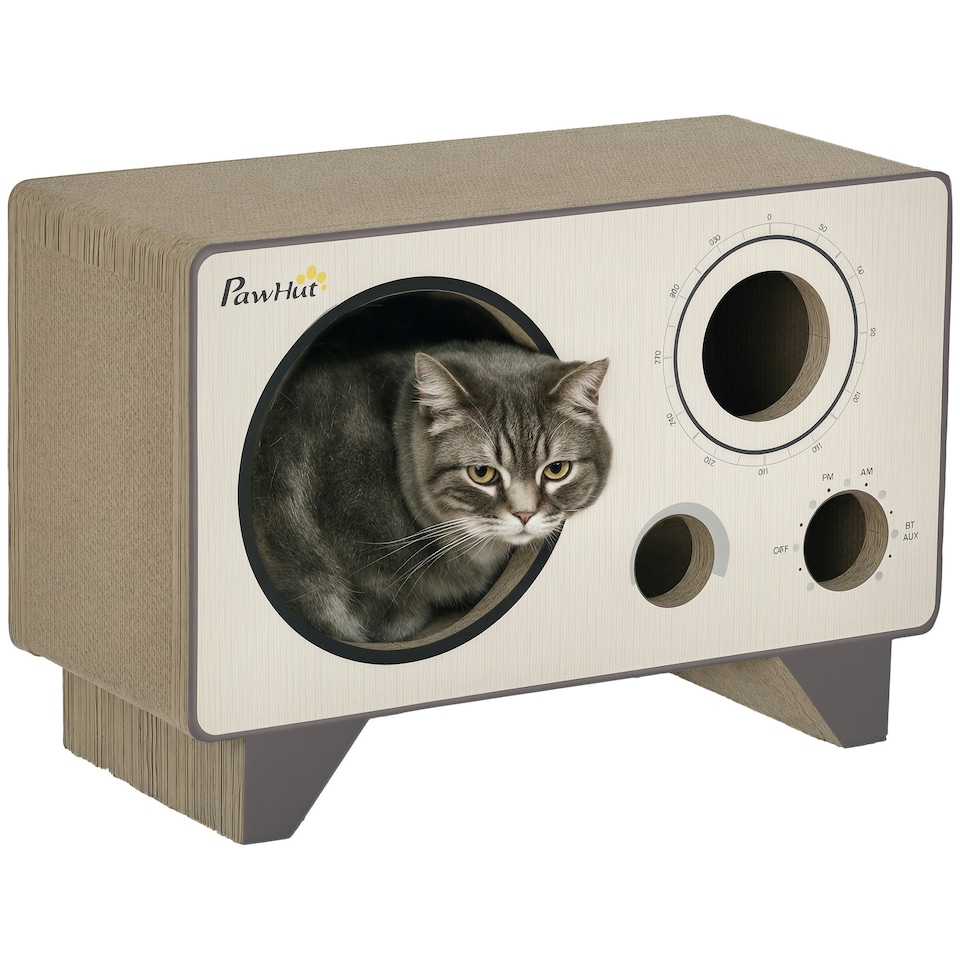 image 1 of PawHut Cat Scratcher Board Radio Shape Cardboard with Catnip, Natural Wood