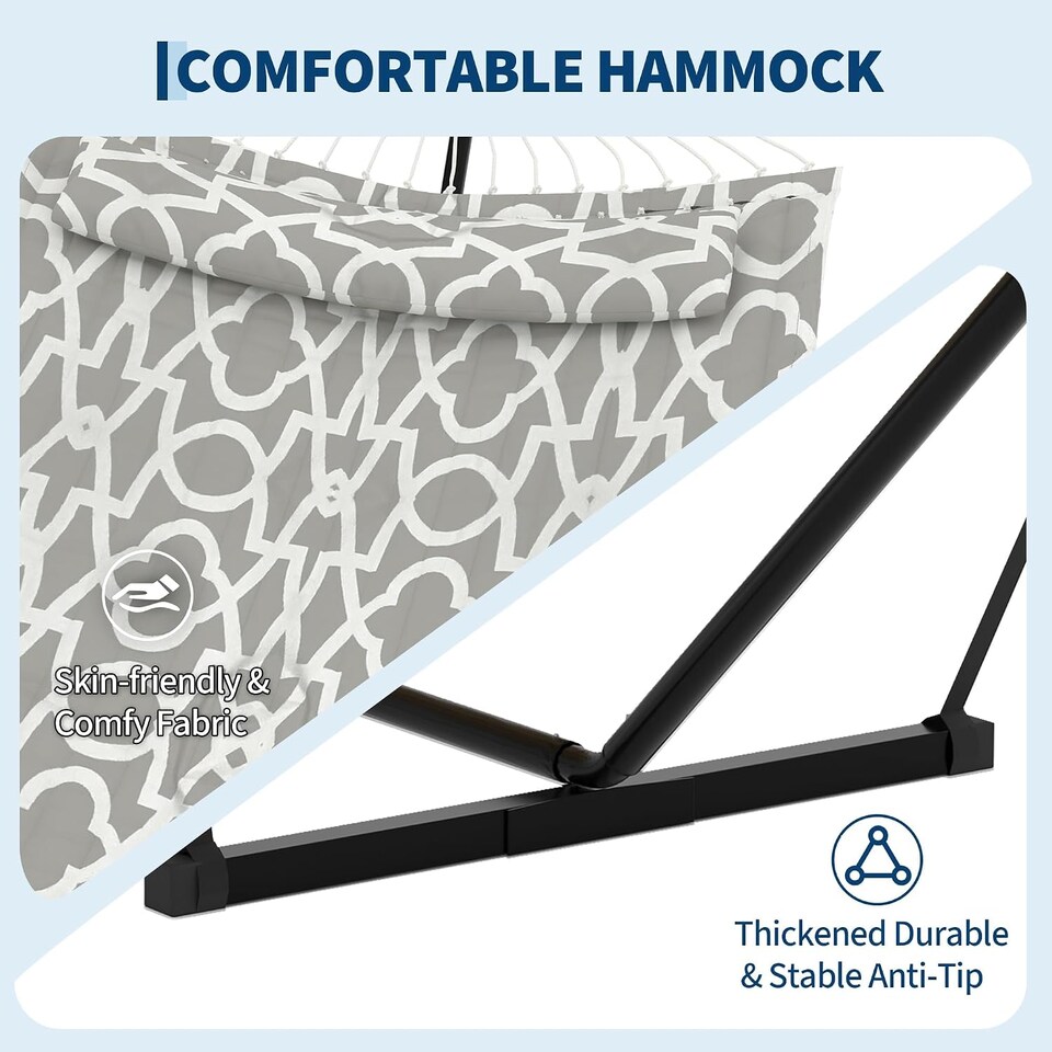 image 1 of London Boutique 12FT Double Hammock with Stand, Garden Hammock with Pillow and Balance Ropes, Grey