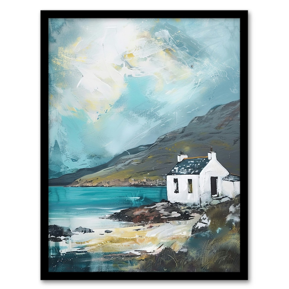 image 1 of White Scottish Cottage Loch Hills Oil Living Room Black Framed Wall Art Print A4