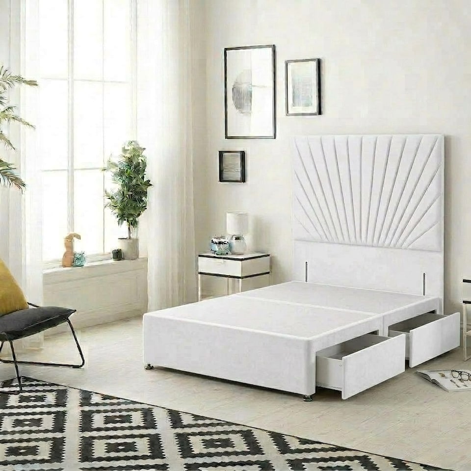 image 1 of Sunburst Divan Bed with 4 Drawers & 54'' Floor Standing Headboard Plush Velvet | White | White