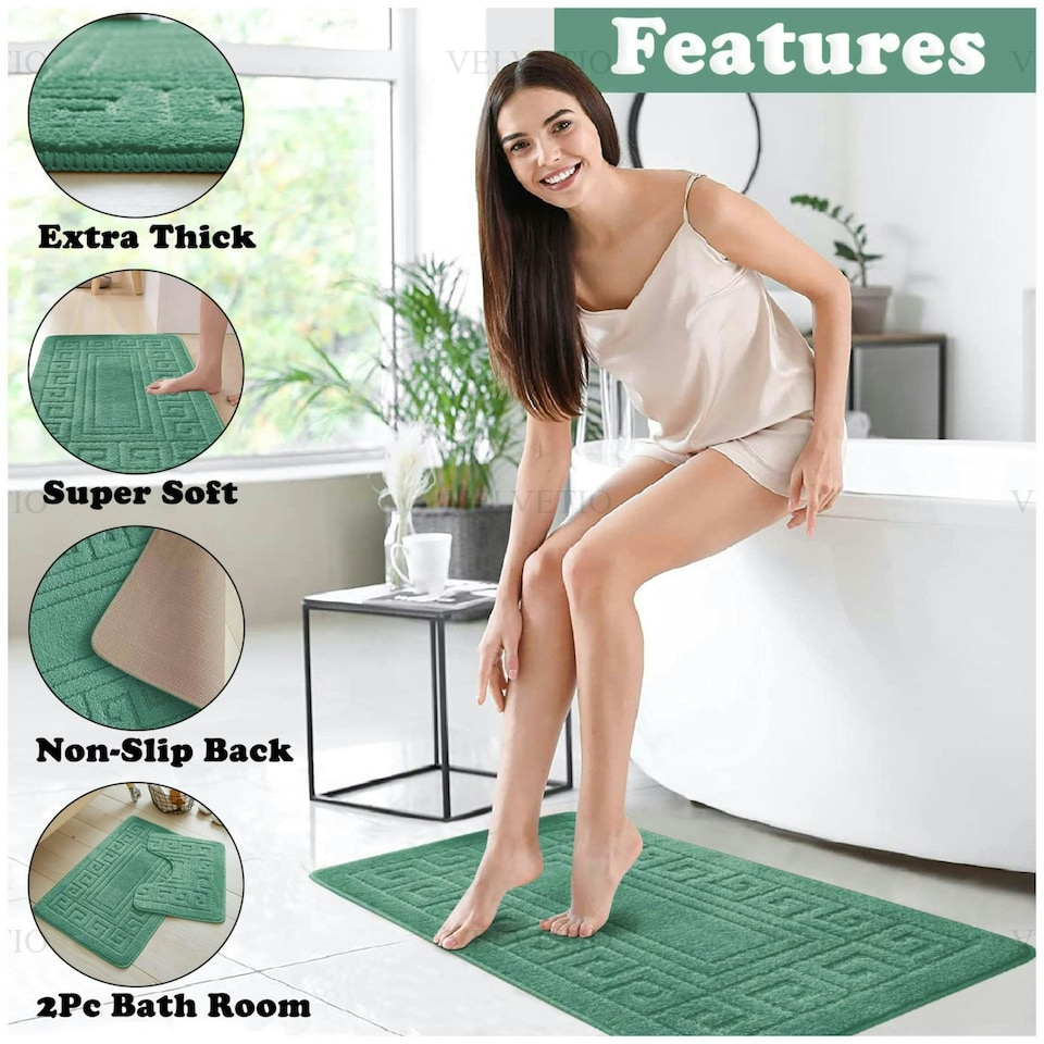 image 1 of VELVETIO Greek Bath Mat & Pedestal Mat Water Absorbent Non Slip Toilet Rugs Green | Sage Green