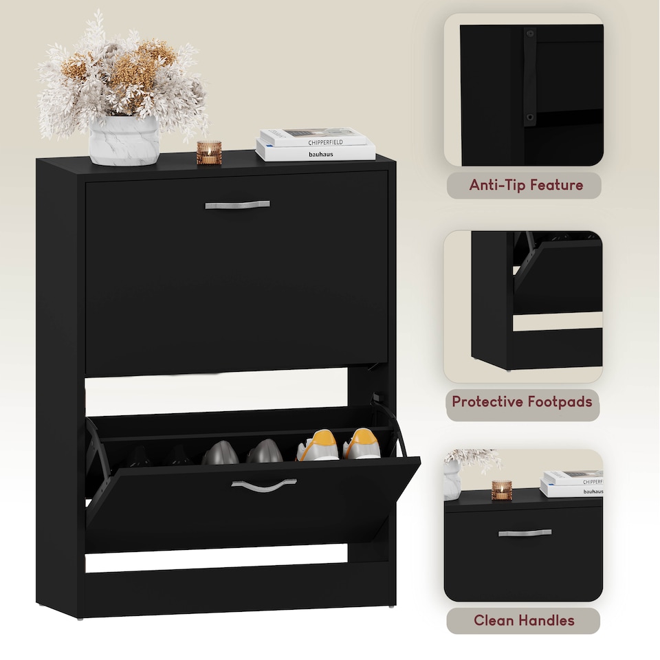 image 1 of Vida Designs 2 Drawer Shoe Cabinet Shoe Rack Storage Cupboard, Black