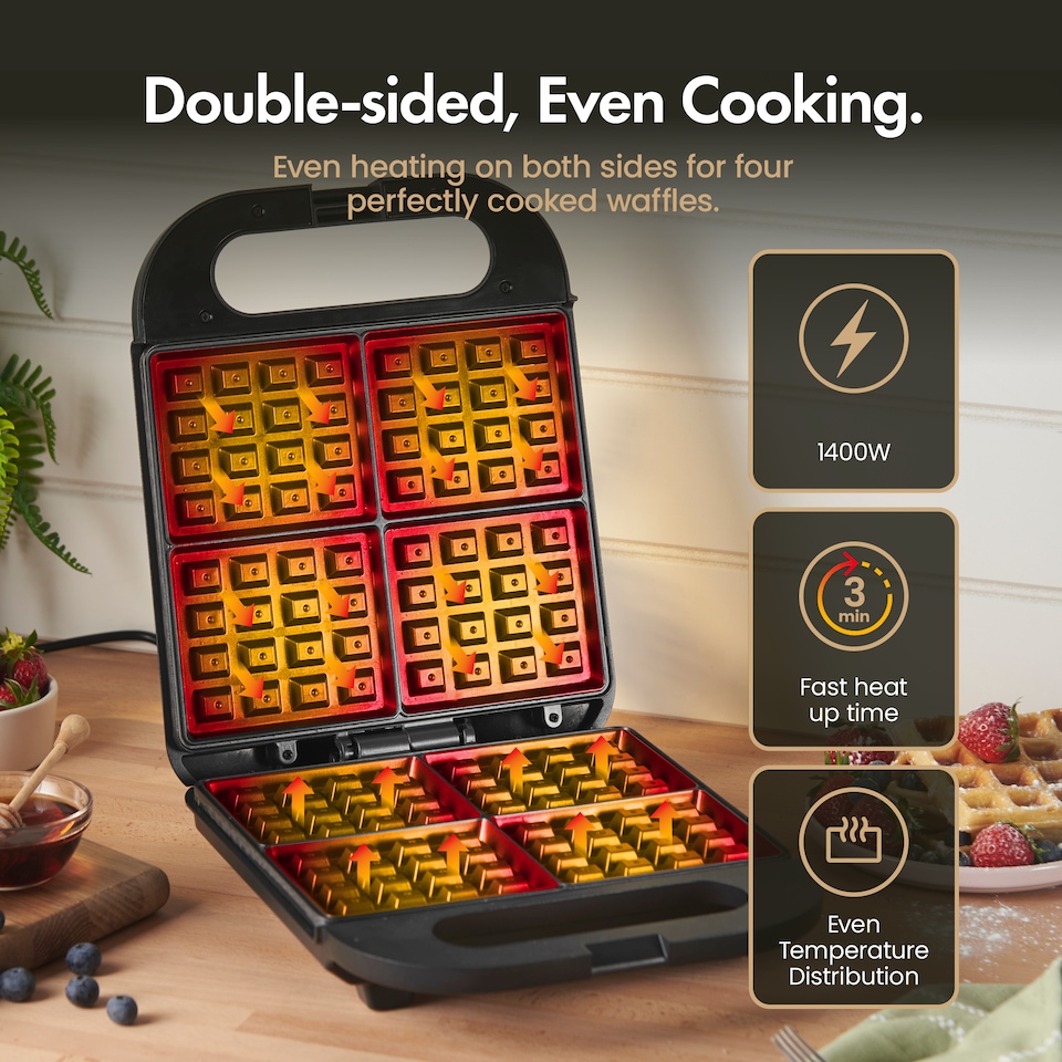 image 1 of Vonshef Waffle Maker Large 4 Slices, Non-Stick Plates, 1400W