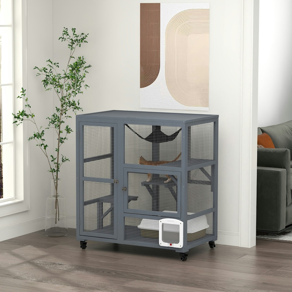 image 1 of PawHut Indoor Catio Cat House on Wheels with Platforms, Hammock