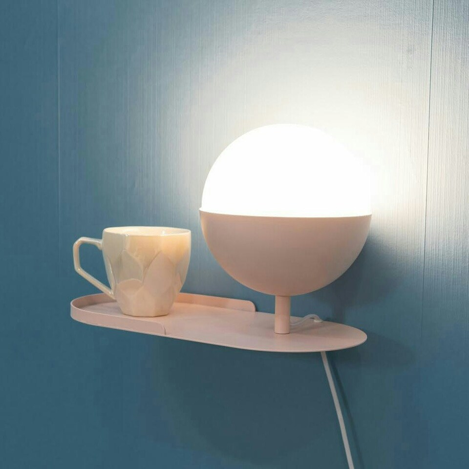 image 1 of ValueLights Marlow Blush Pink Metal Plug in Wall Light with Shelf and Glass Globe Lampshade - Bulb Included