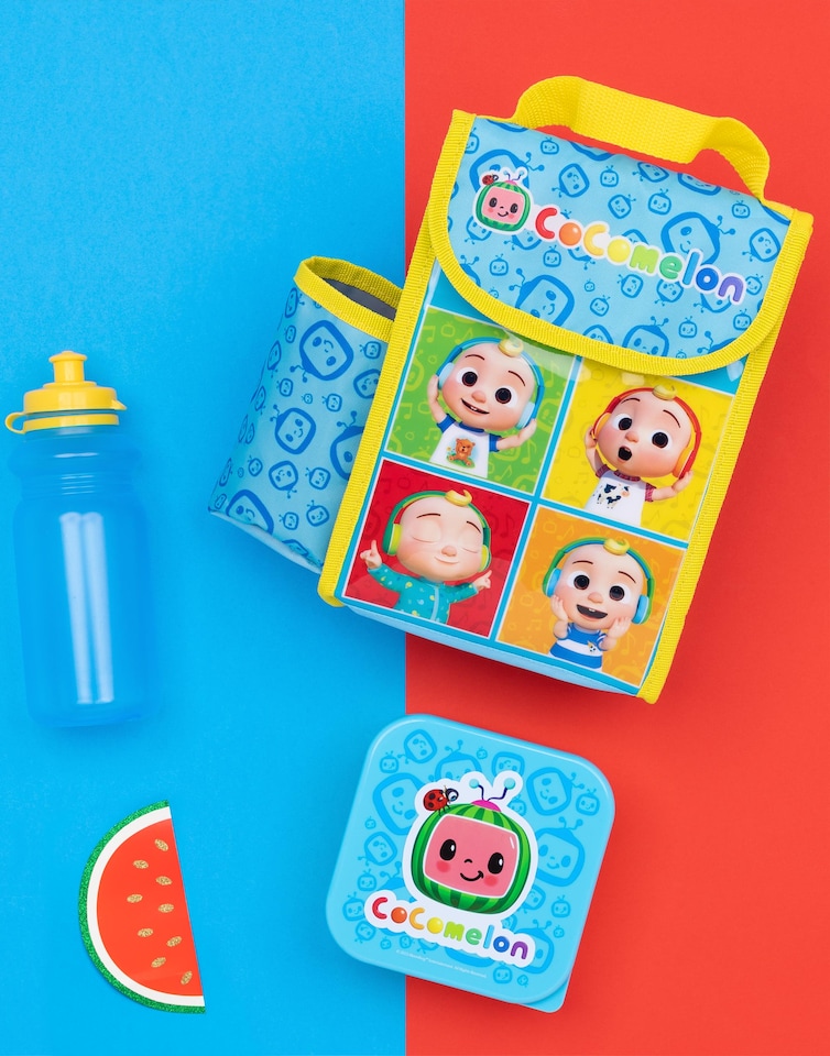 image 1 of CoComelon Lunch Box 3 Piece Set for Kids | Boys Girls Blue Yellow JJ Insulated Bag, Water Bottle & Snack Pot Merchandise