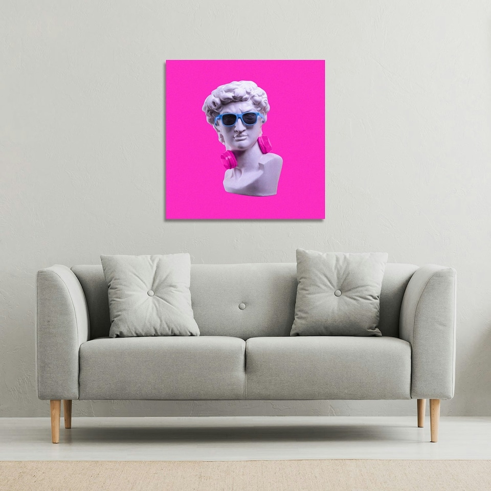 image 1 of Plaster statue of David's head in blue sunglasses (Canvas Print) 101 x 101 x 4cm