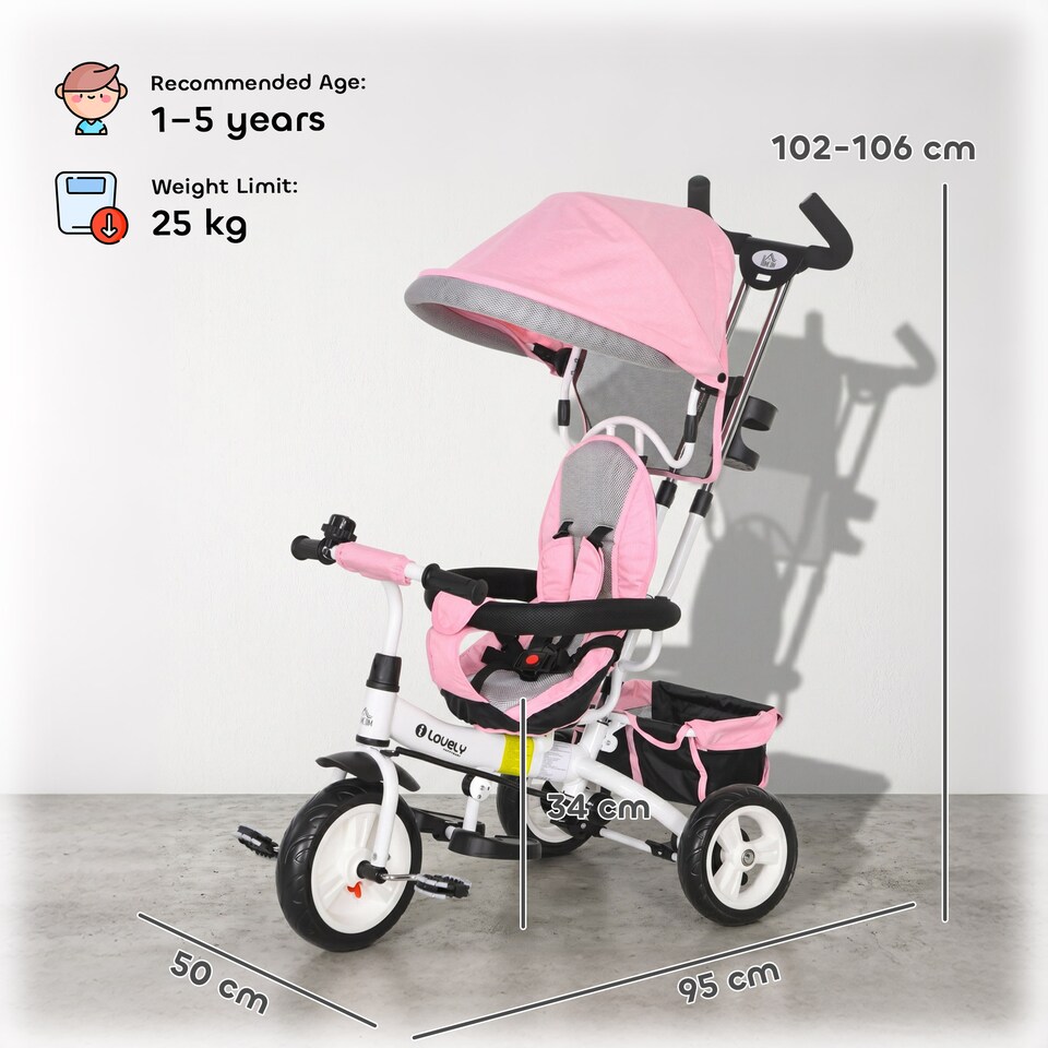 image 1 of HOMCOM 6 in 1 Baby Trike, Kids Trike, Stroller with Parent Handle, Pink