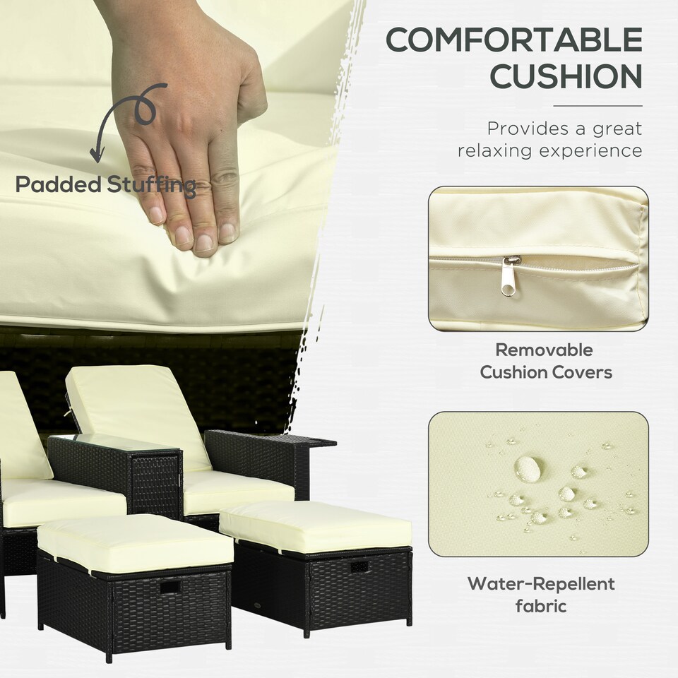 image 1 of Outsunny 5PC PE Rattan Sun Lounger, Outdoor Wicker 5-level Adjustable Recliner Sofa Bed with Storage Side Table and Footstools, for Patio, Garden, Poolside, Black