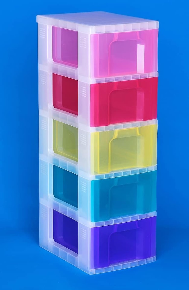 image 1 of Really Useful Box Plastic Storage Unit 5 X 12 Litre Clear Frame  Rainbow Drawers