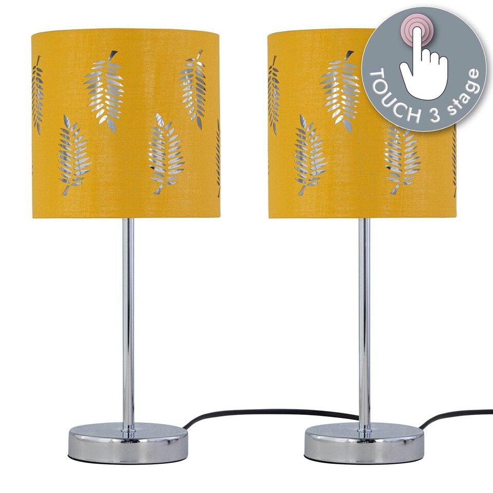 image 1 of Set of 2 Chrome Touch Table Lamps with Ochre Mustard Fern Shades | Chrome | Polished chrome plate and ochre cotton with silver inner detail | 2