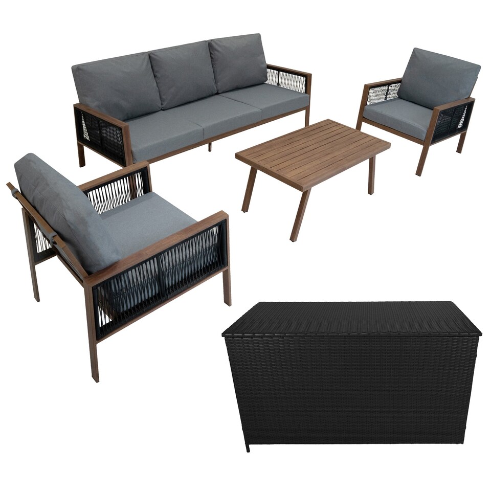 image 1 of Aluminium 4 Piece Sofa Set with Black Rattan Storage Box - Wood Effect