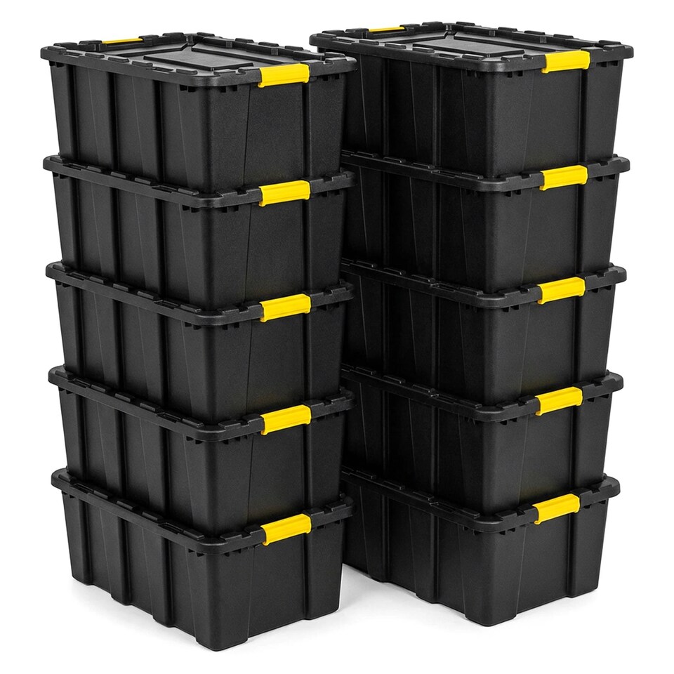 image 1 of Large Plastic Storage Box with Lid (92x58x42 cm) Heavy Duty Container 150L Capacity Black Stackable Box for Garage Pack of 10
