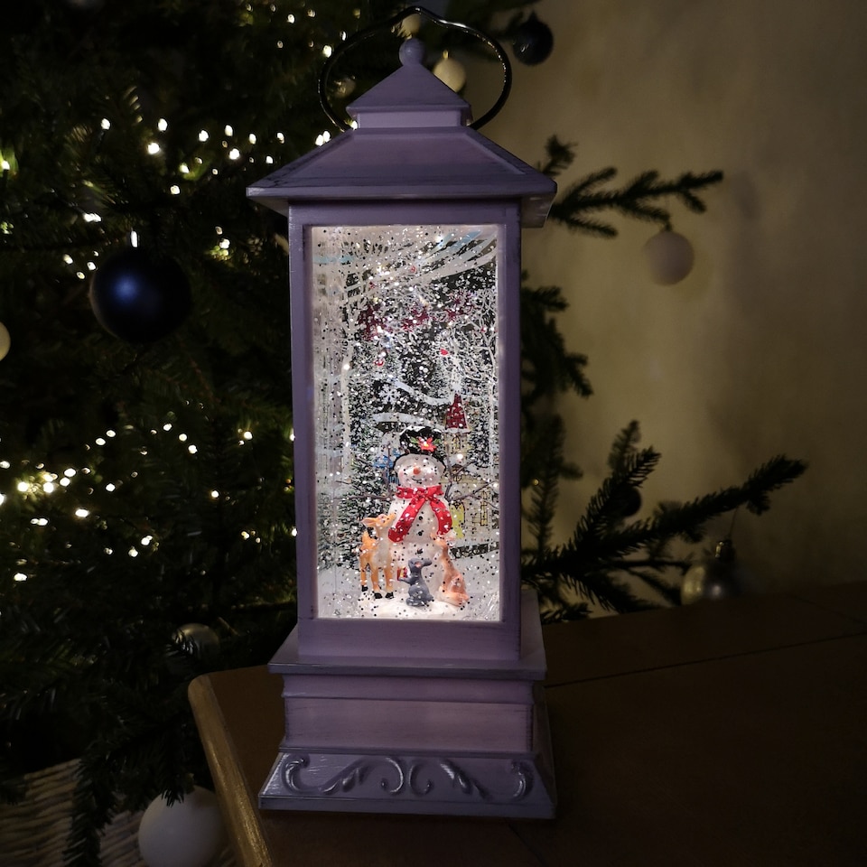 image 1 of 31cm Snowtime Christmas Water Spinner Antique Effect Lantern Snowman & Animals Scene  Dual Powered