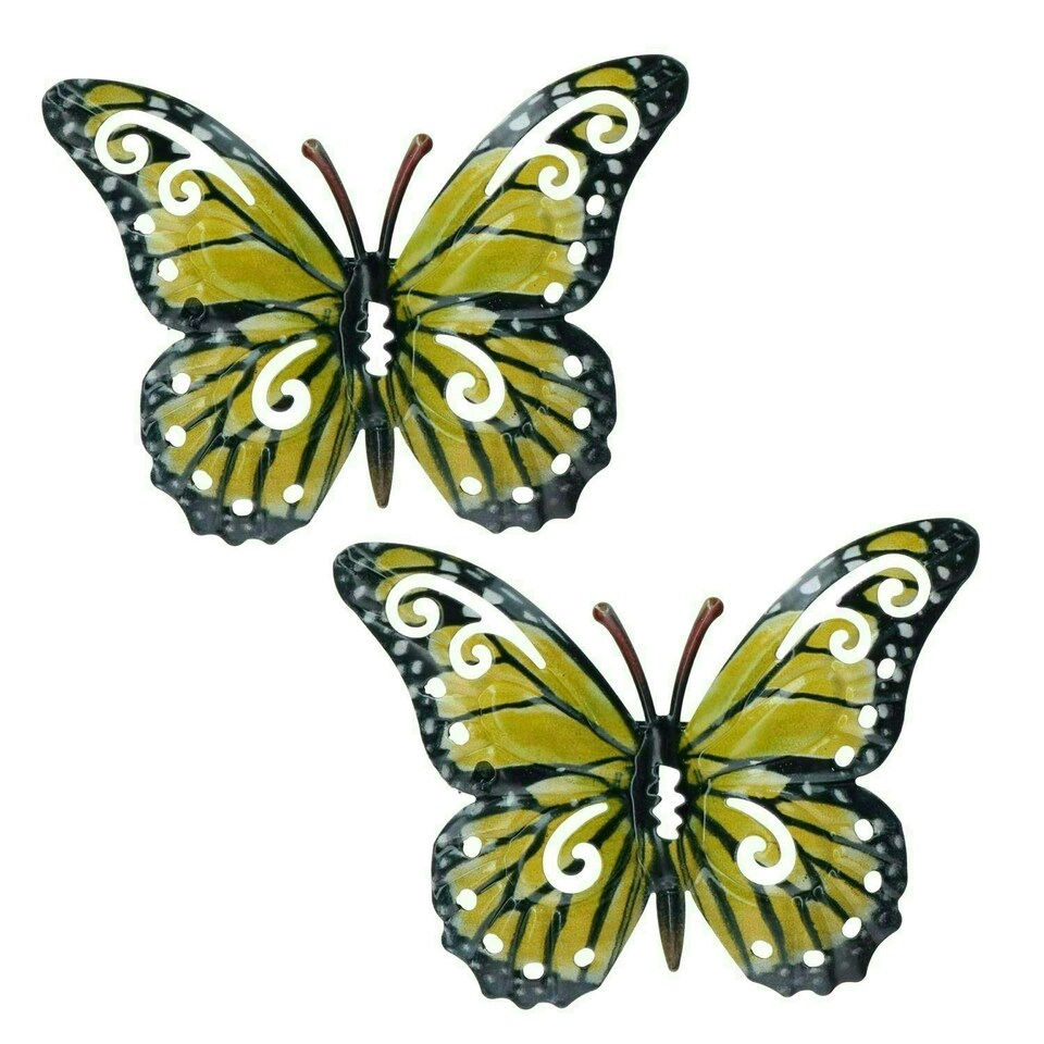 image 1 of Small Yellow Metal Butterfly Garden/Home Wall Art Ornament 11x8.5cm 2pk