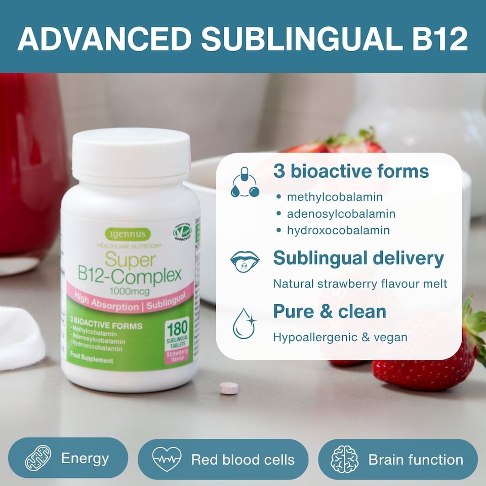 image 1 of Igennus Super B12-Complex 1000mcg, Sublingual Vitamin B12 Melt, High Absorption Methylcobalamin, Adenosylcobalamin & Hydroxocobalamin, 180 Tablets