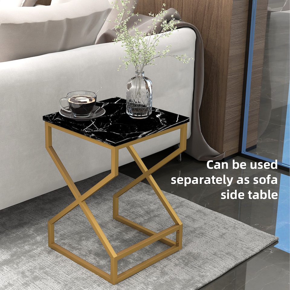 image 1 of HOMCOM Nest of Tables Side Table Set of 2 with Marble-Like Top, Coffee Table Set with Foot Pads, Steel Frame and MDF Top for Living Room Bedroom Office, BlackWhite | Black