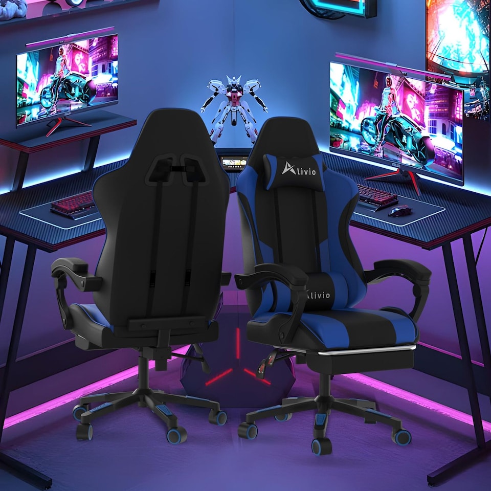 image 1 of Alivio Ergonomic Gaming Chair with Massage Lumbar Cushion & Retractable Footrest, PU Leather Video Game Chair (Blue)