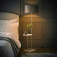 ValueLights Large Brushed Chrome Curved Stem Marble Floor Lamp Coffee Table Standing Light - Grey Velvet Shade + LED Bulb
