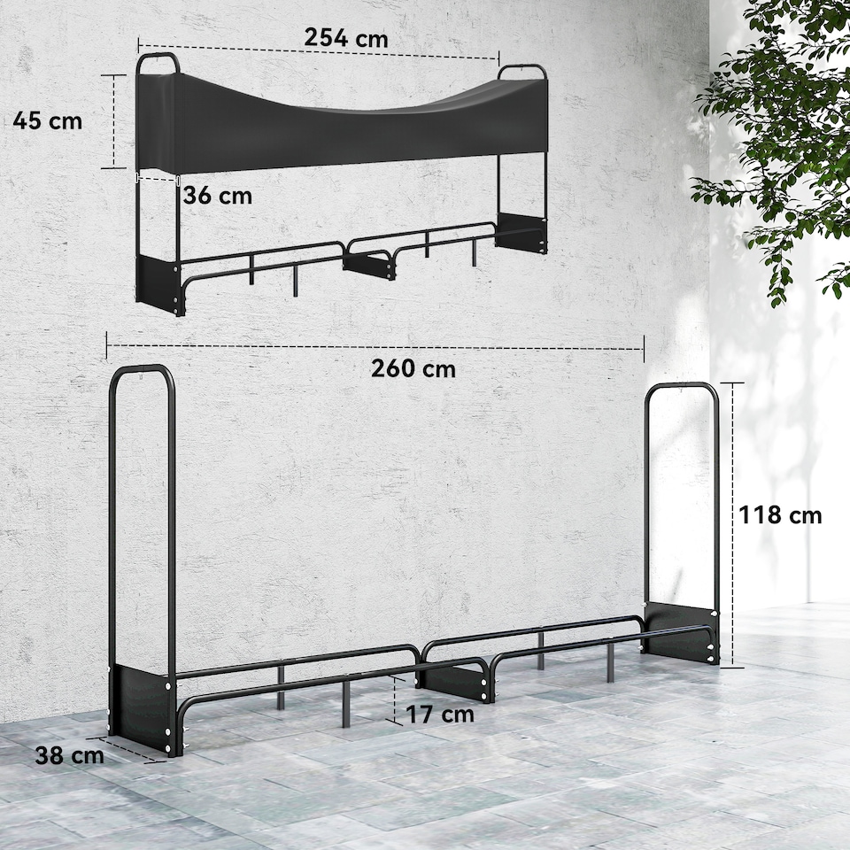 image 1 of Outsunny 8.5ft Firewood Rack, Heavy Duty Log Storage Holder with Waterproof 600D Oxford Log Cover for Fireplace Fire Pits Outdoor Patio Wood Storage, 300 kg Large Capacity, Black